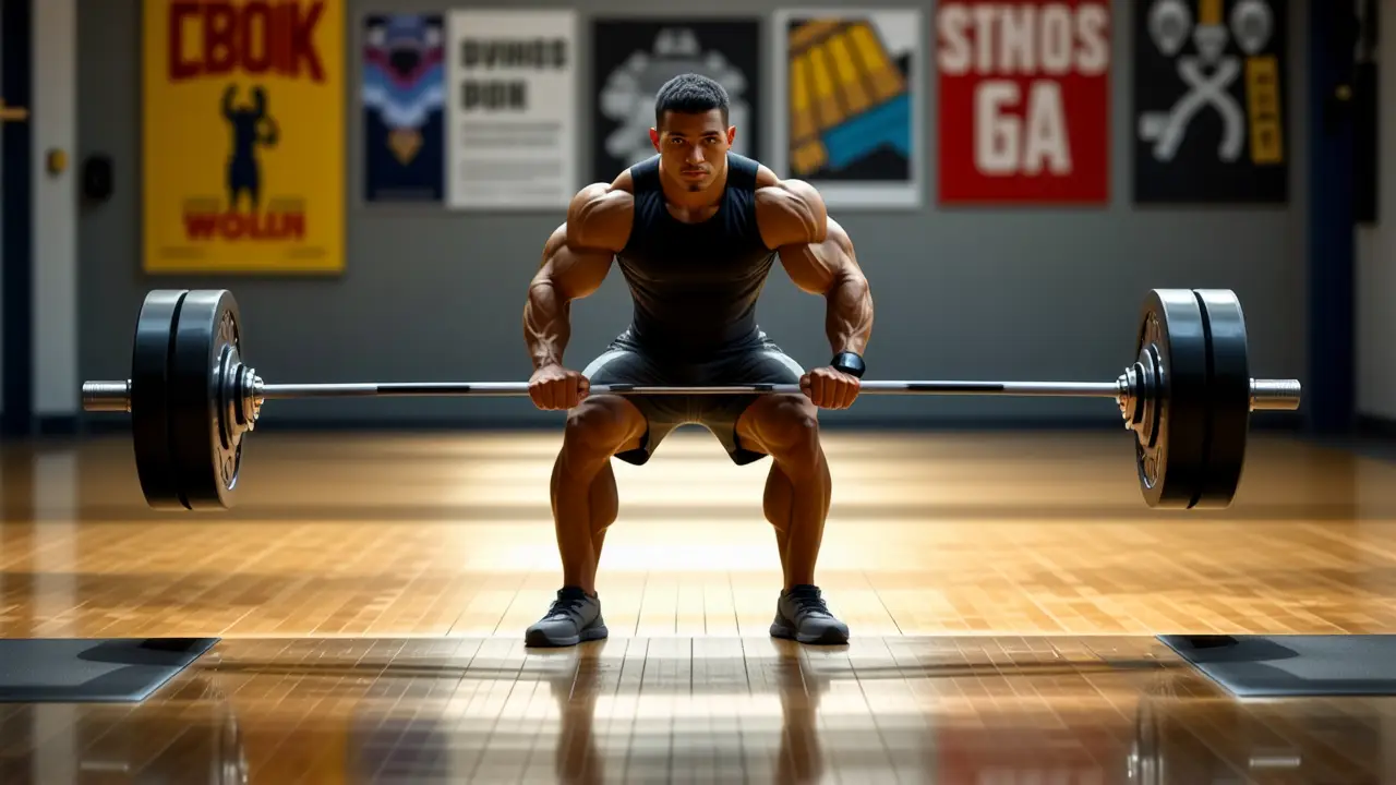 Atleta español concentrado levanta pesas en gimnasio