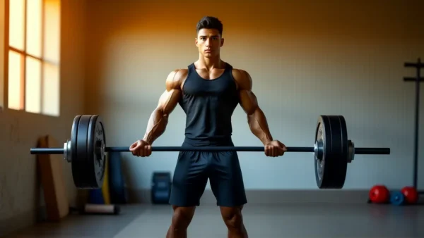 Un atleta español musculoso levanta pesas con intensidad