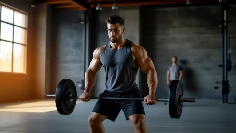 Atleta español musculoso levanta pesas en gimnasio