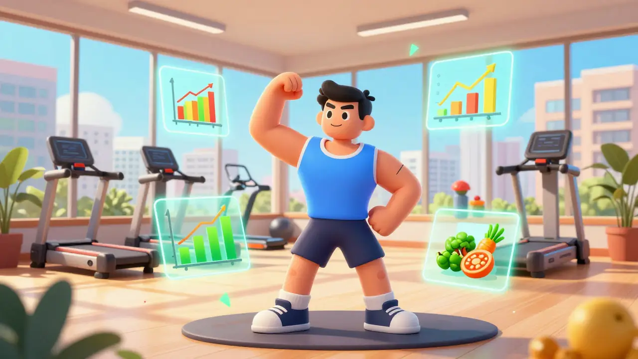 Atleta estilizado celebra progreso en gimnasio moderno