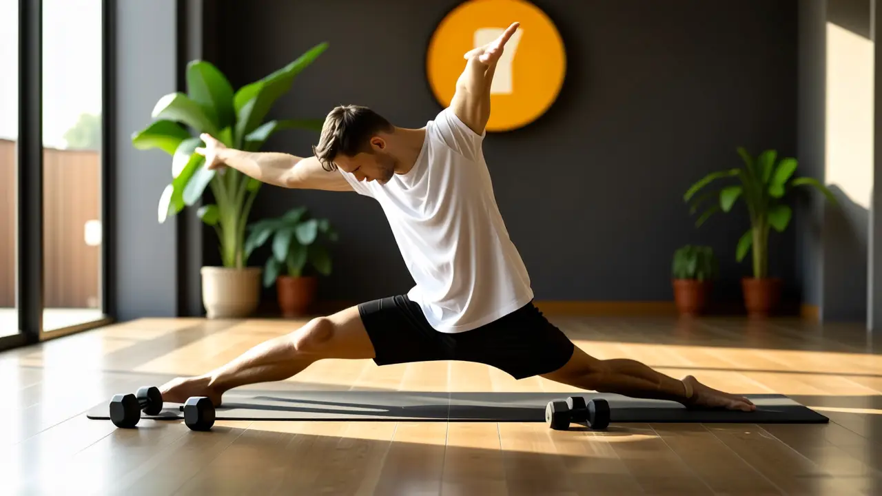 Un hombre atlético estira en gimnasio soleado