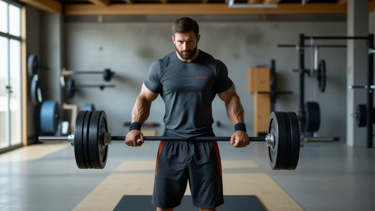 Un atleta español intenso levanta pesas en un gimnasio