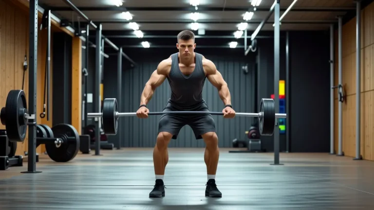 Un atleta español fuerte levanta pesas en un gimnasio