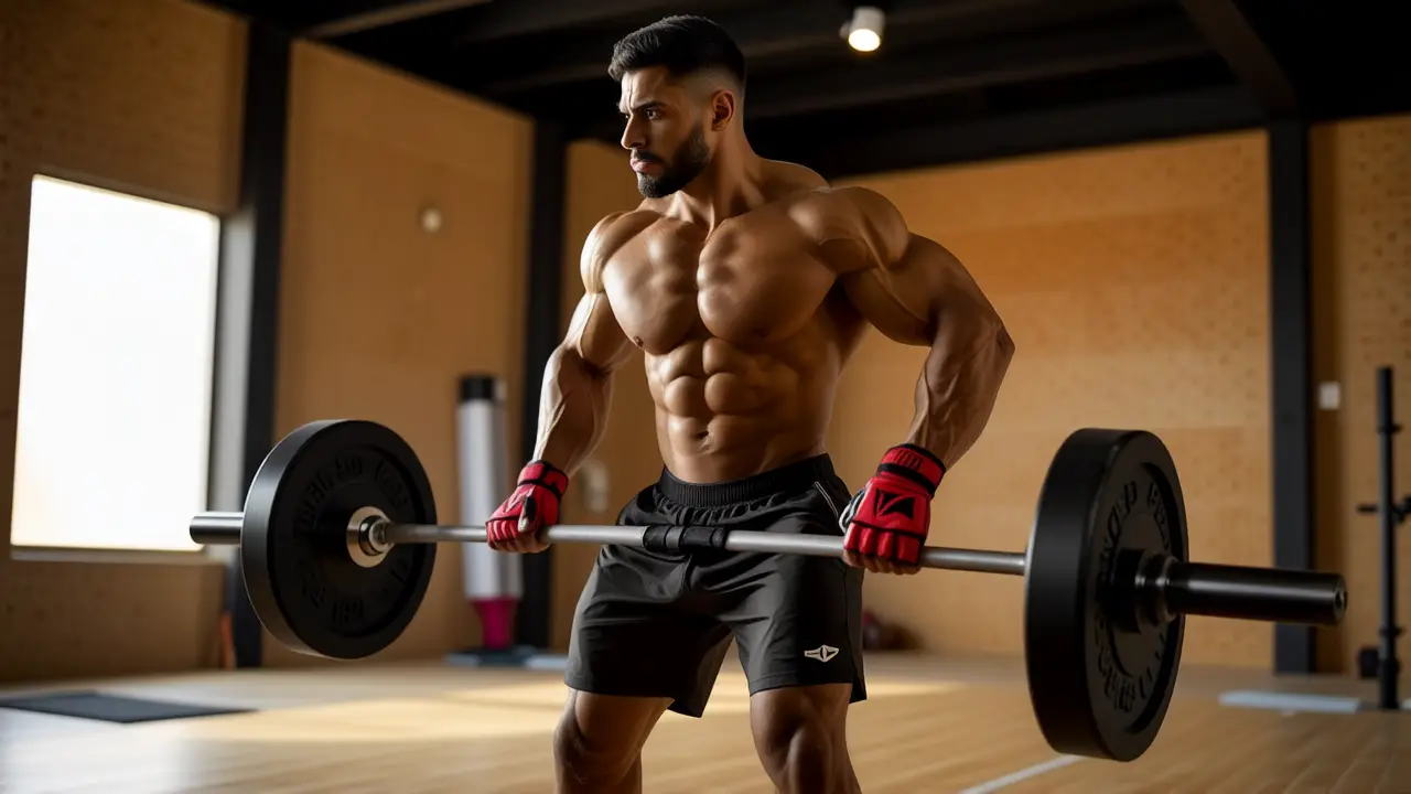 Un atleta español musculoso levanta pesas con intensidad