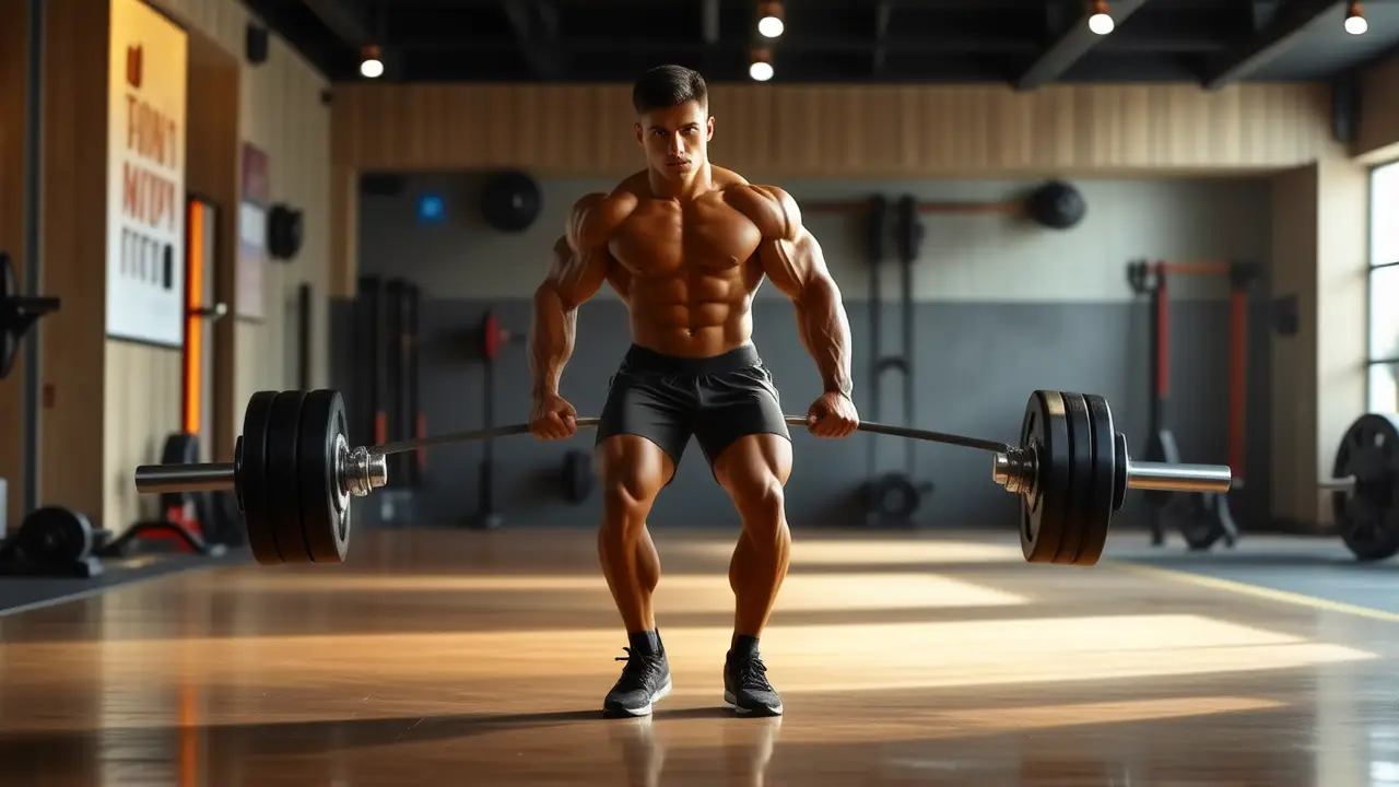 Un atleta español musculoso levanta pesas con intensidad