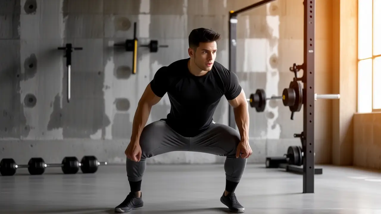 Un hombre atlético levanta peso en la luz tenue