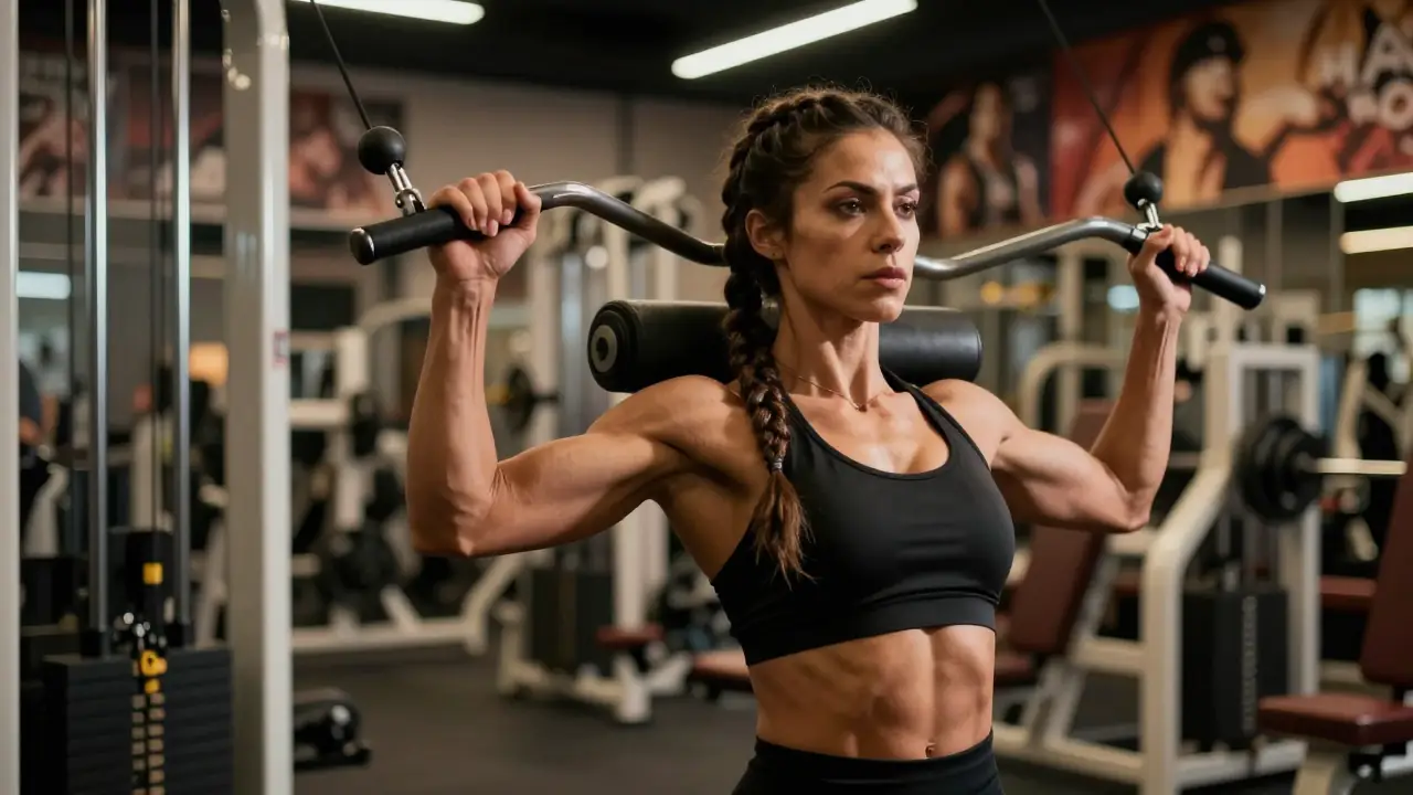 Mujer musculosa entrena en gimnasio moderno