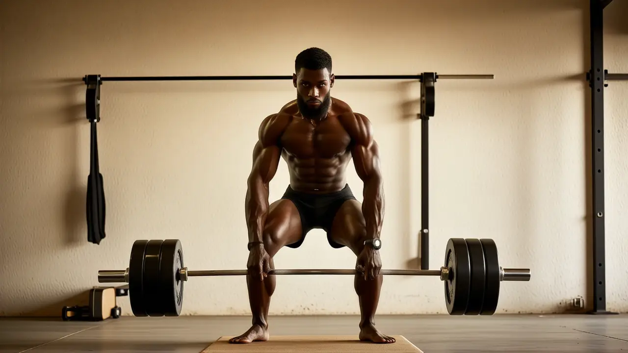 Un atleta español musculoso levanta pesas en gimnasio