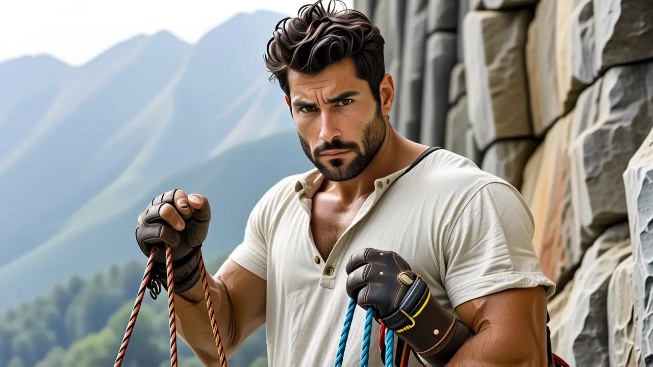 Un hombre español contemplativo escala una roca