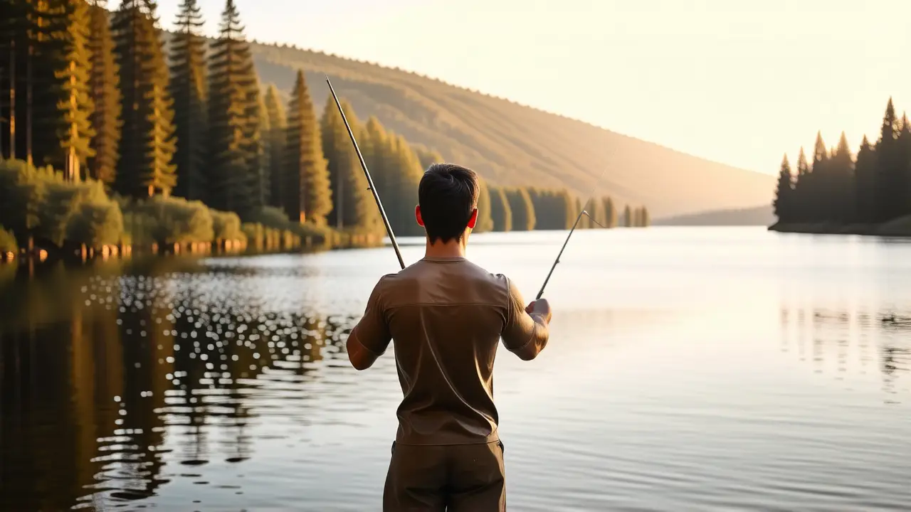 Un hombre atlético pesca en la quietud