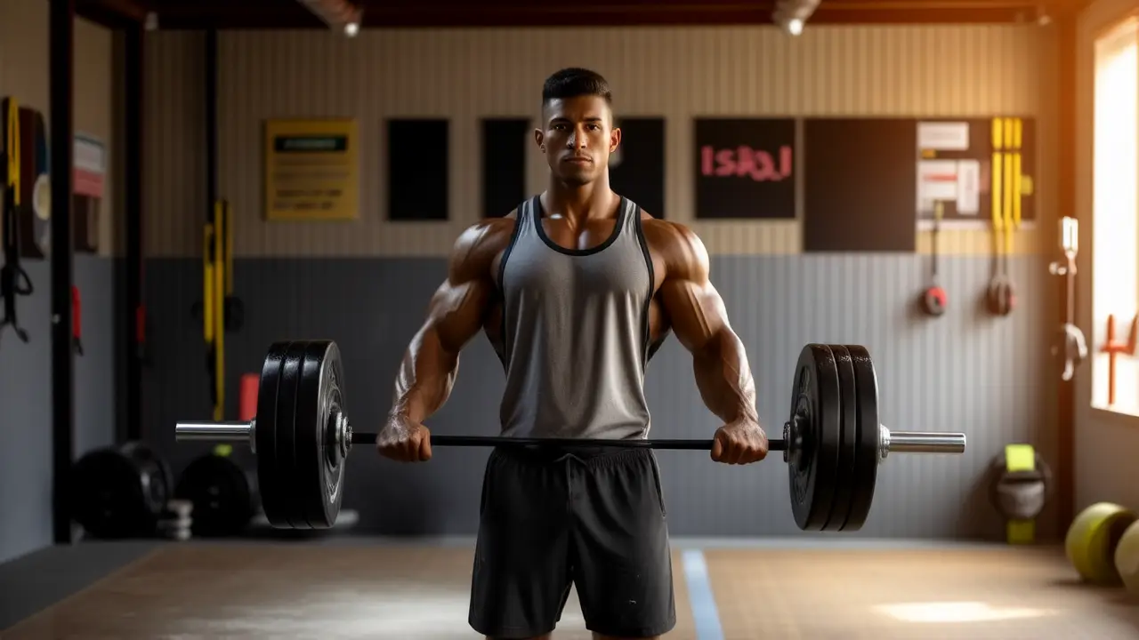 Atleta español fuerte levanta pesas en gimnasio