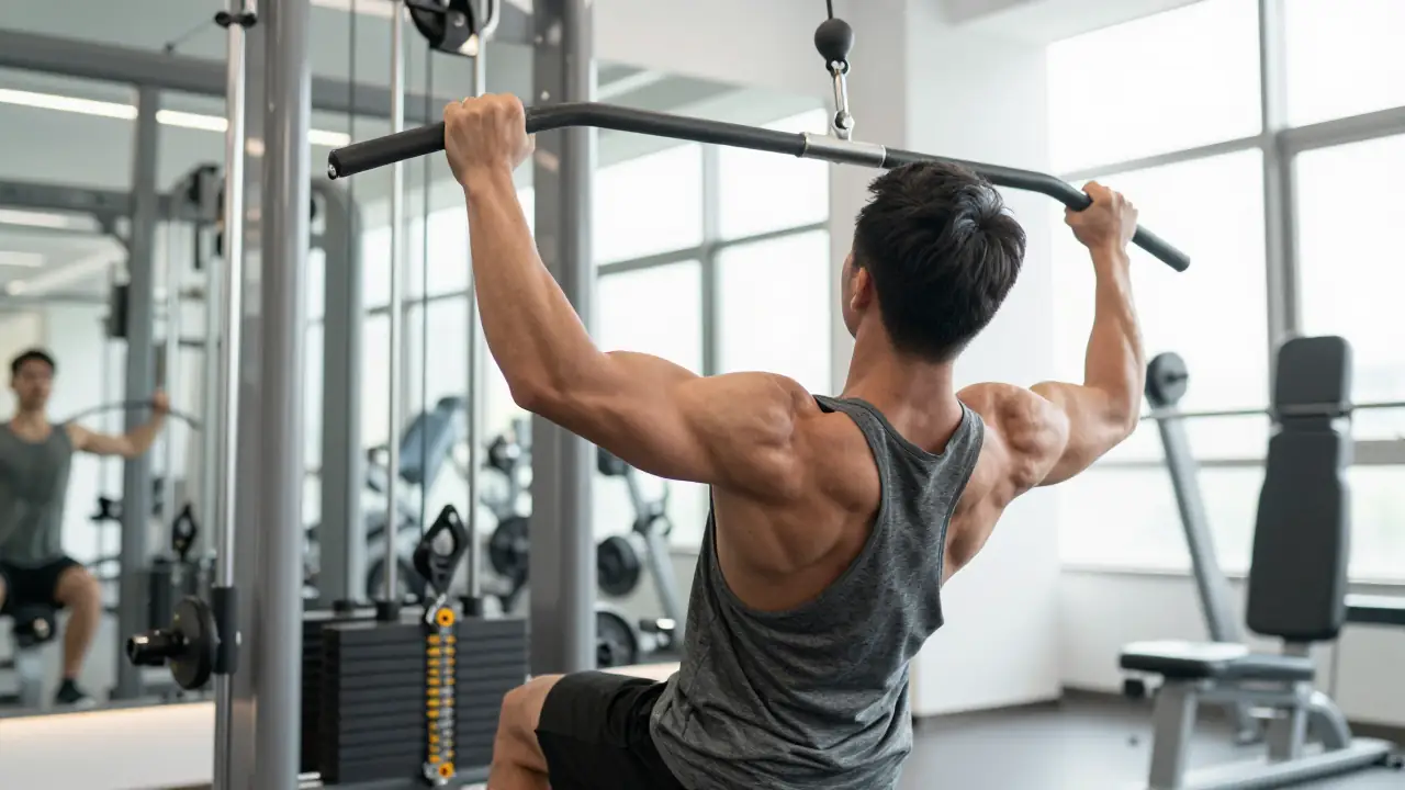 Hombre musculoso realiza dominada frontal