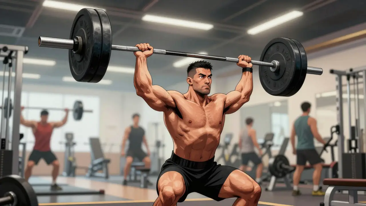 Un halterista levanta con fuerza en el gimnasio