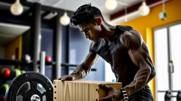 Atleta español musculoso levanta caja en gimnasio