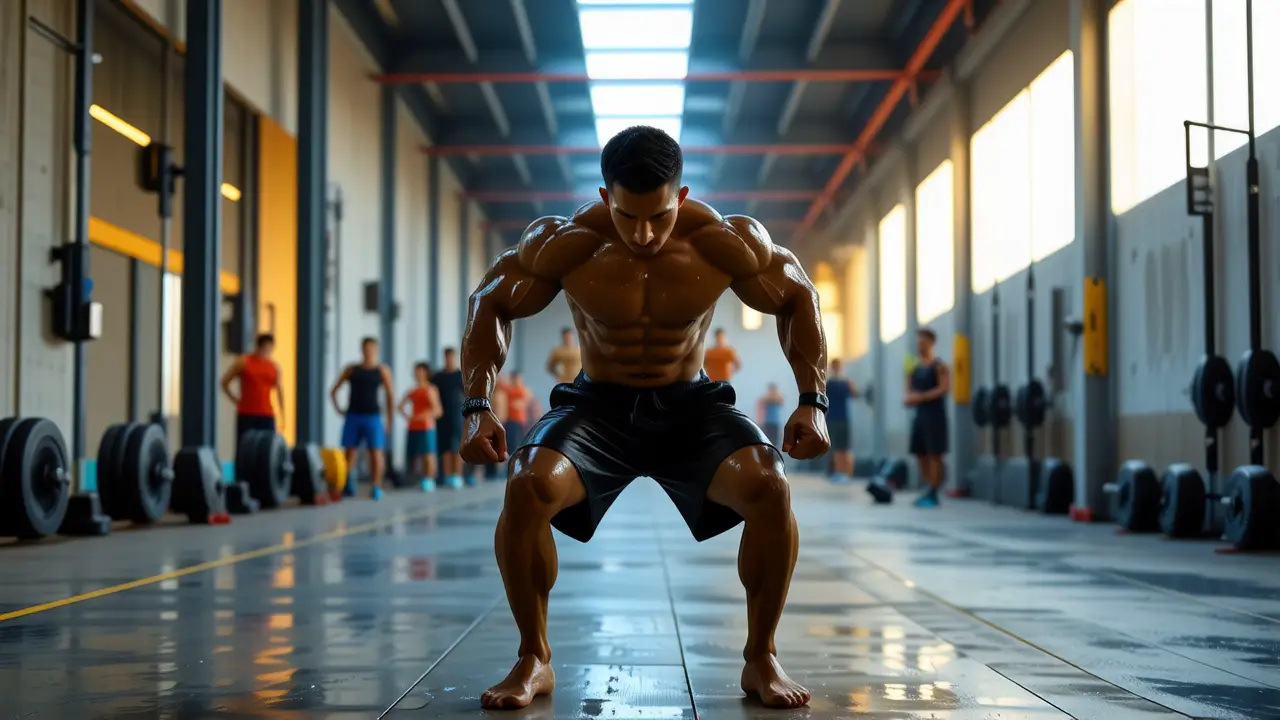 Atleta español musculoso realiza burpees en entorno industrial