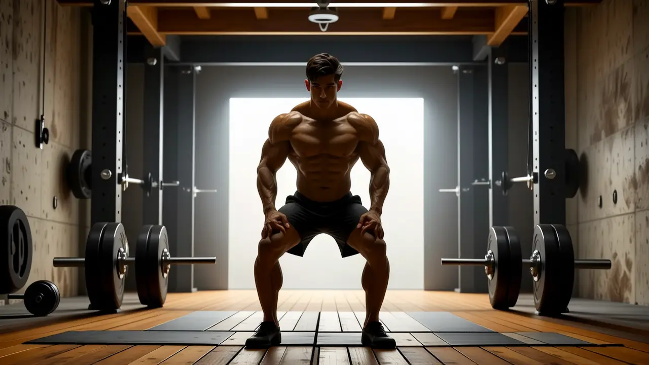 Atleta español intenso levanta pesas en la oscuridad