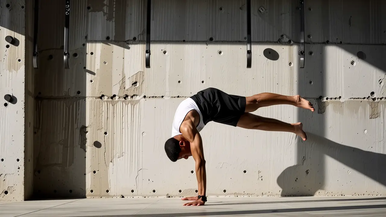 Un hombre atlético se equilibra en una pared