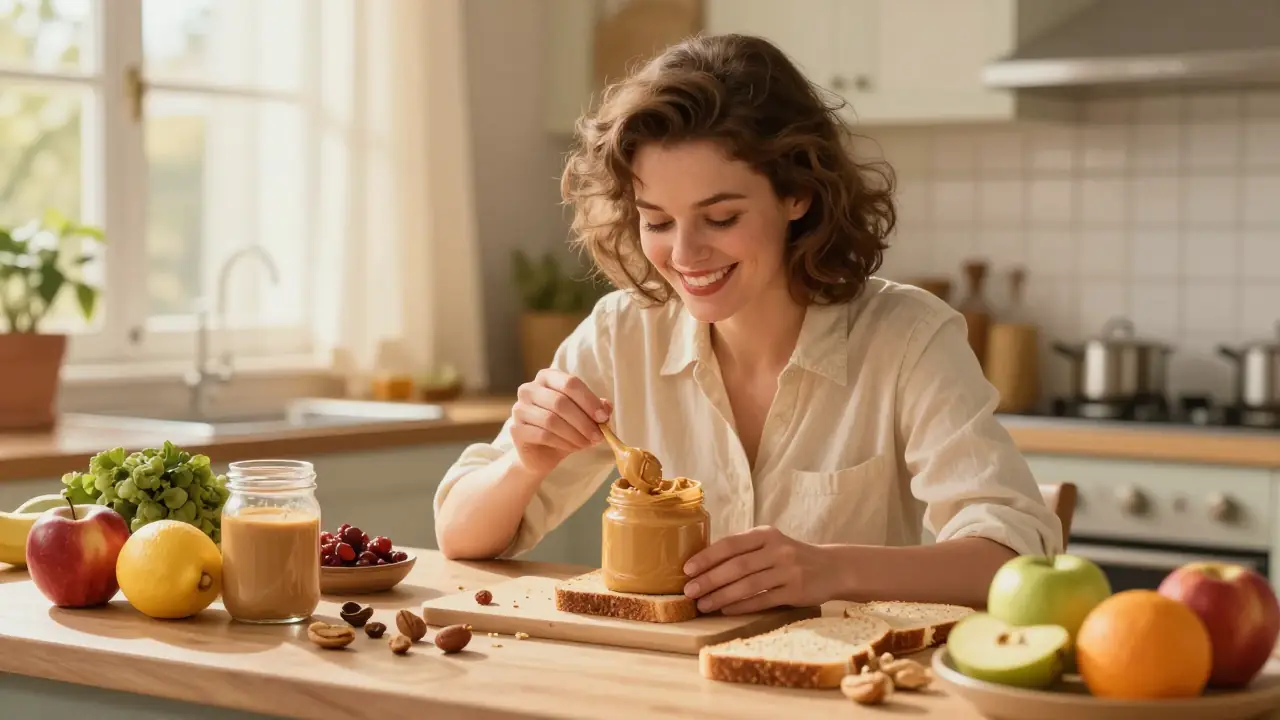 Mujer sonríe disfrutando mantequilla de maní