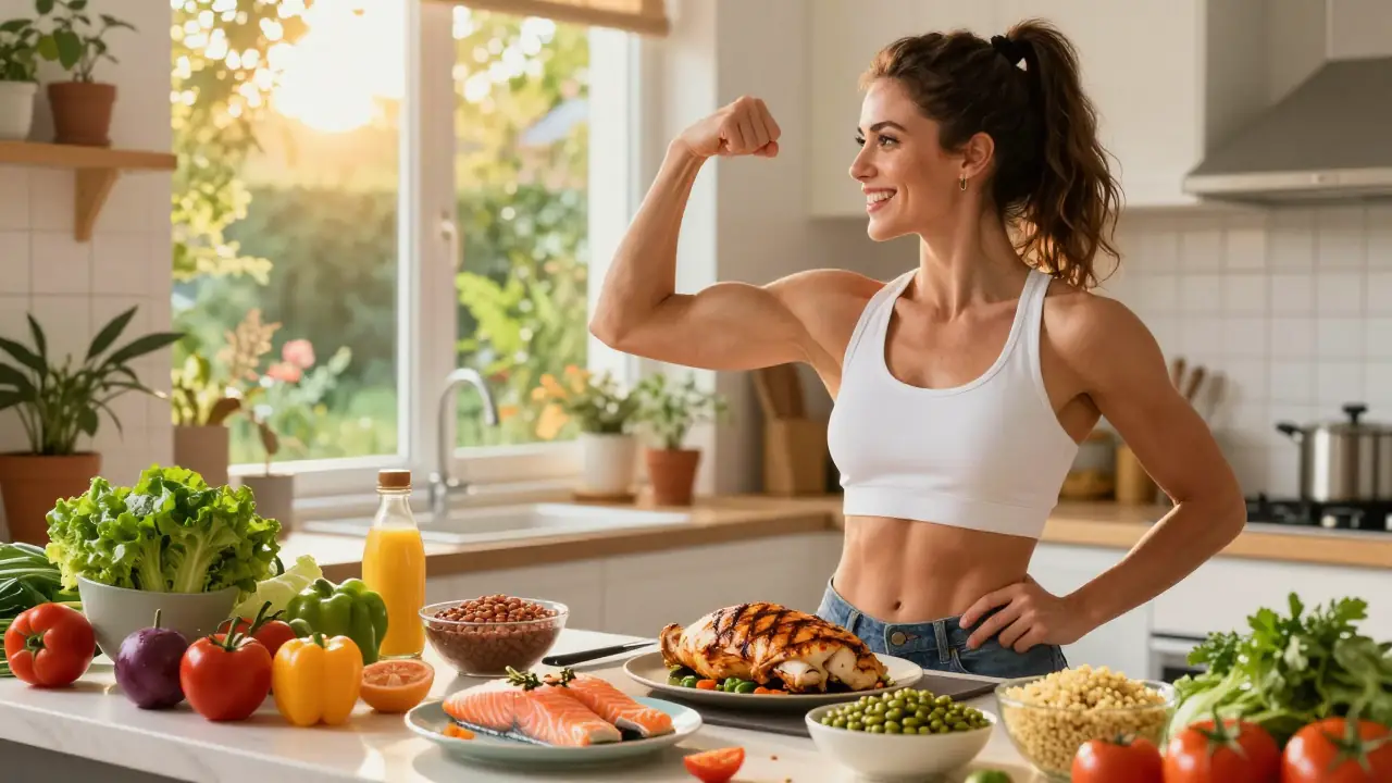 Mujer fuerte cocina con alegría y vitalidad