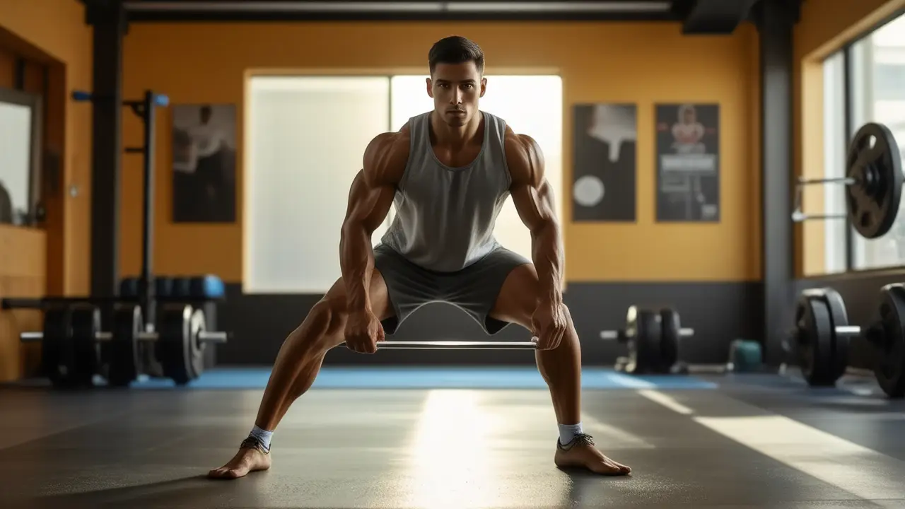 Atleta español musculoso realiza sentadilla en gimnasio