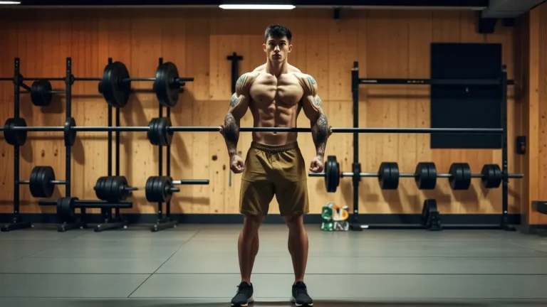 Un hombre español musculoso lucha en el gimnasio