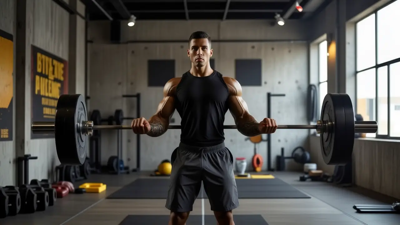 Un atleta español fuerte en gimnasio oscuro