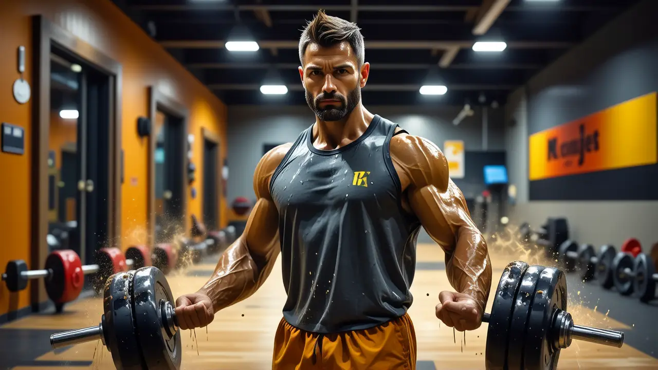 Atleta español musculoso levanta pesas con intensidad