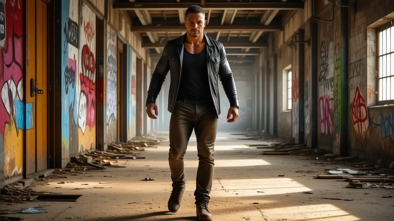 Un hombre atlético camina con fuerza en ruinas