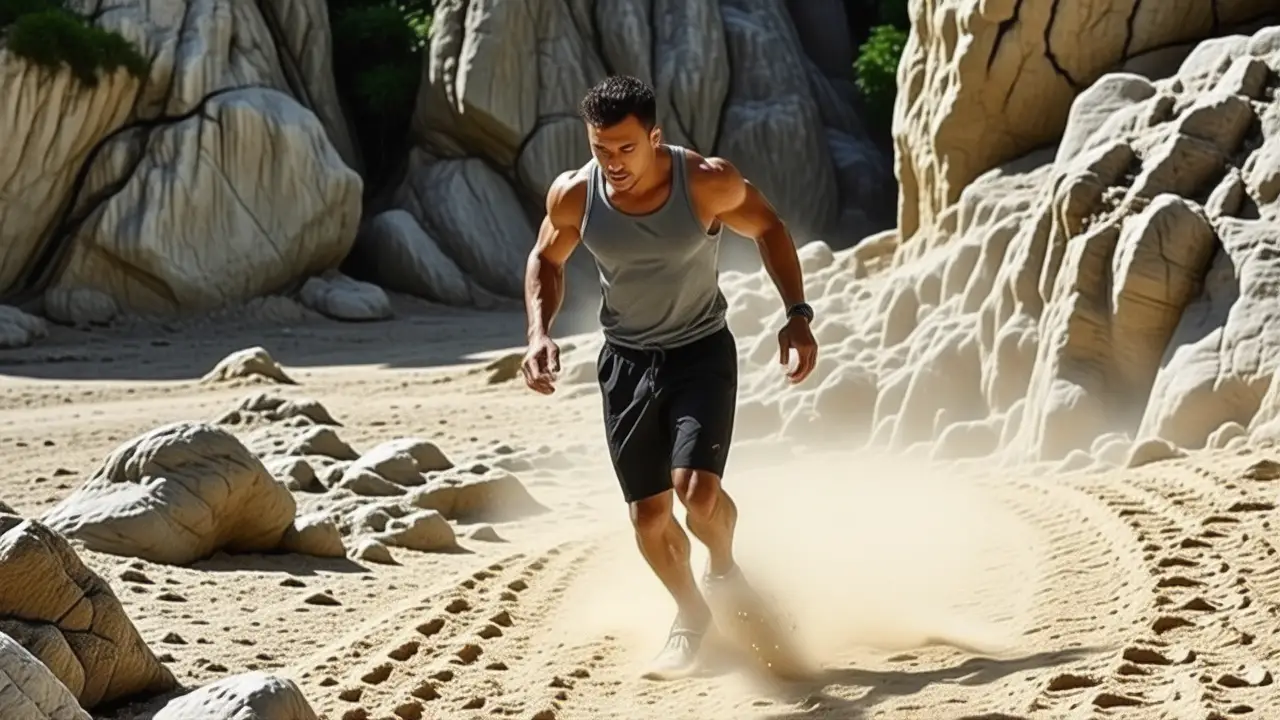 Monster Walk: Ejercicio Funcional para Fortalecer 1 Un hombre fuerte camina con determinación en la roca