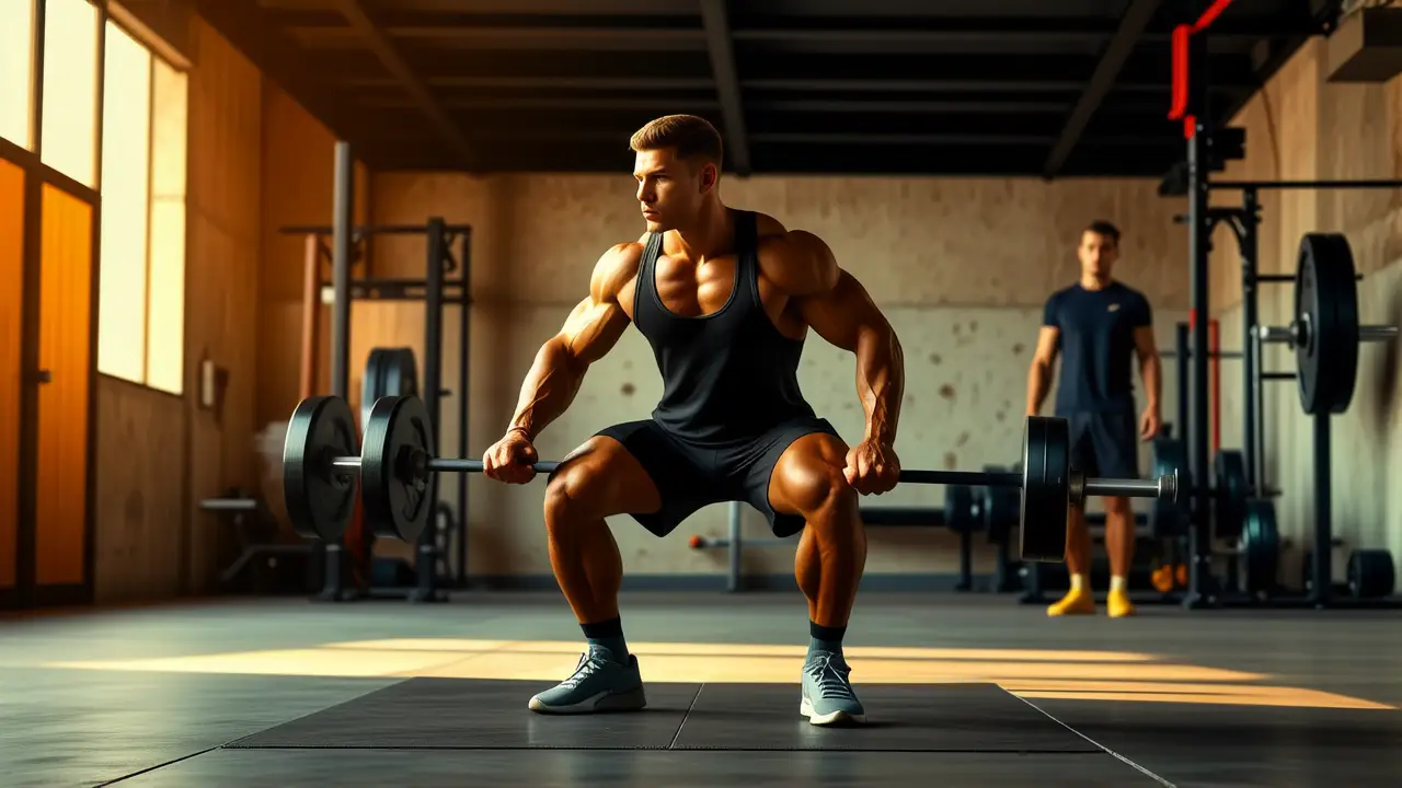 Un atleta español musculoso levanta pesas dramáticamente