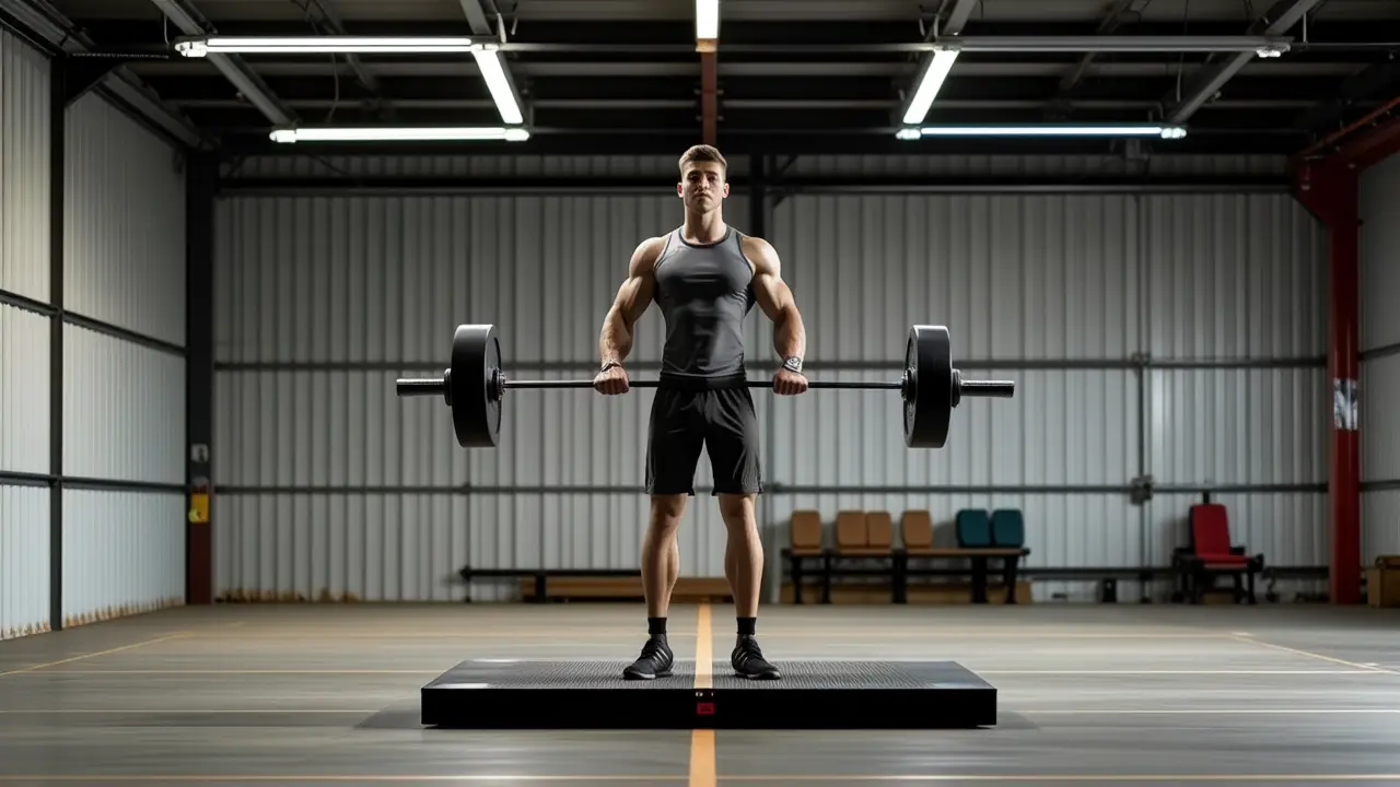 Un atleta español musculoso levanta peso en sombras