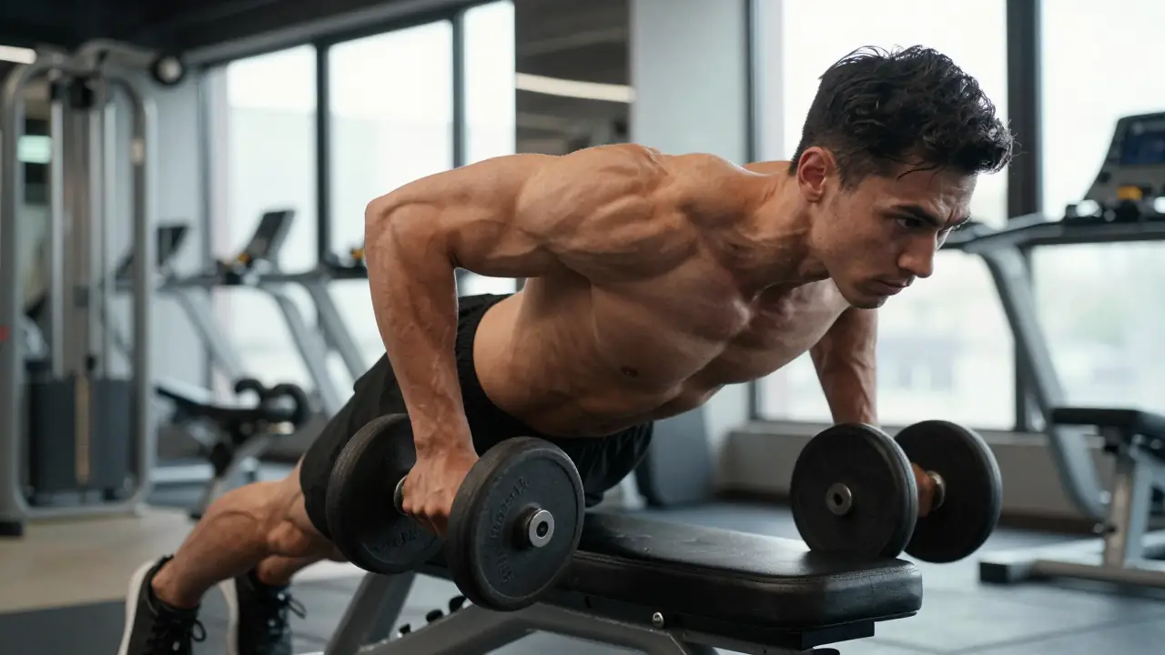 Un hombre musculoso levanta pesas en gimnasio