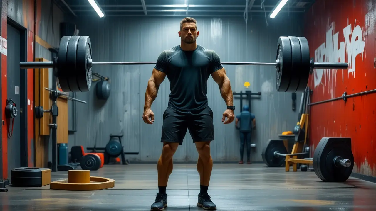 Un atleta español se esfuerza en el gimnasio oscuro