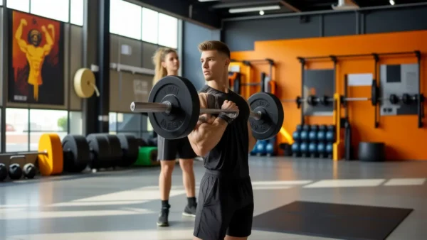 Un atleta español musculoso realiza un levantamiento explosivo en gimnasio moderno
