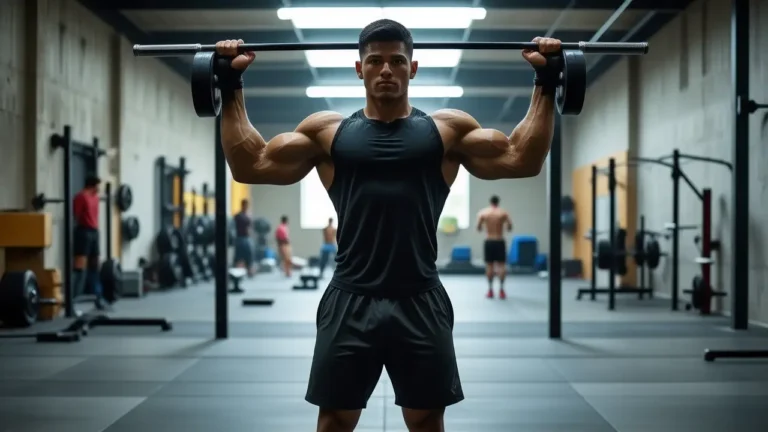 Un atleta español musculoso se esfuerza en el gimnasio