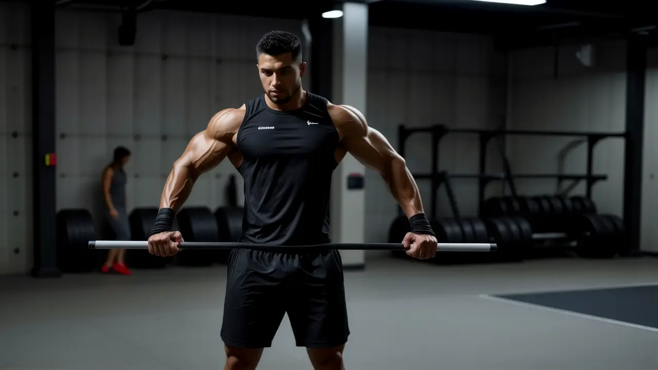 Un atleta español musculoso realiza una dominada intensa en gimnasio oscuro