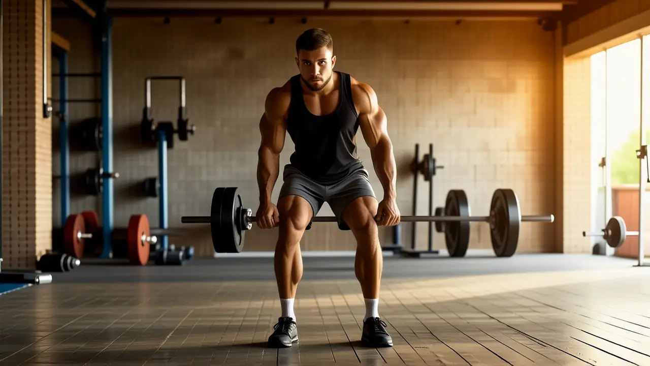 Un hombre atlético levanta pesas en gimnasio
