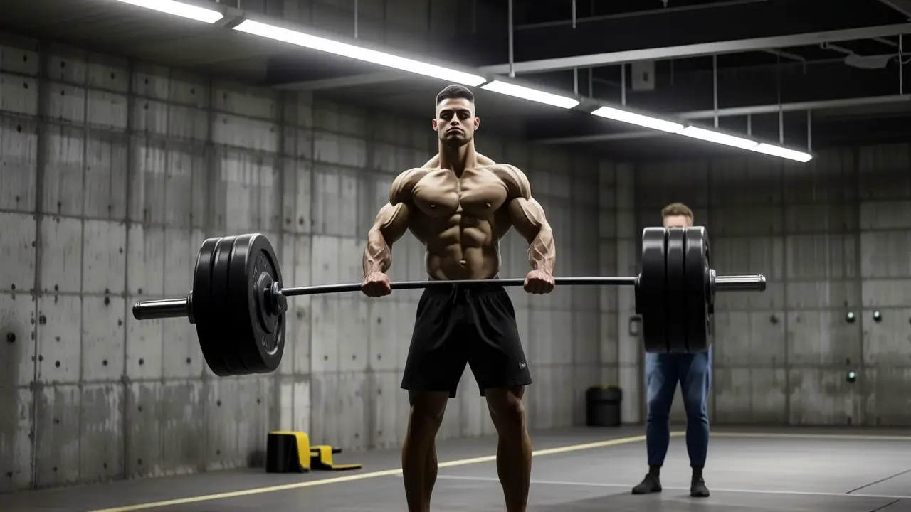 Un atleta español fuerte levanta peso en gimnasio