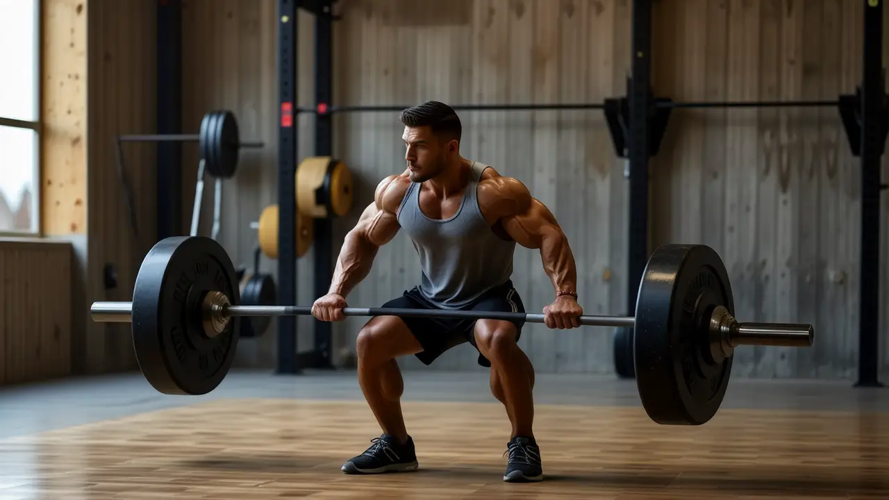 Peso Muerto Rumano: Que Musculos Trabaja 2 Atleta español musculoso levanta pesas en sombras