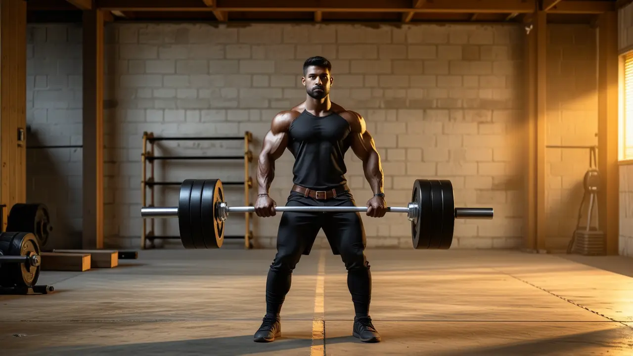 Peso Muerto Rumano: Que Musculos Trabaja 4 Un musculoso hombre levanta pesas en luz dramática