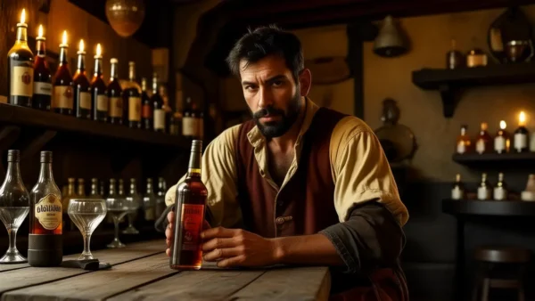 Un hombre robusto en una taberna oscura