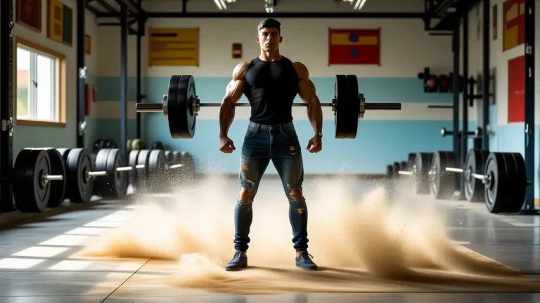 Atleta español musculoso levanta peso con fuerza