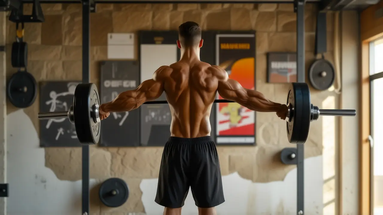 Un atleta español musculoso levanta pesas con intensidad