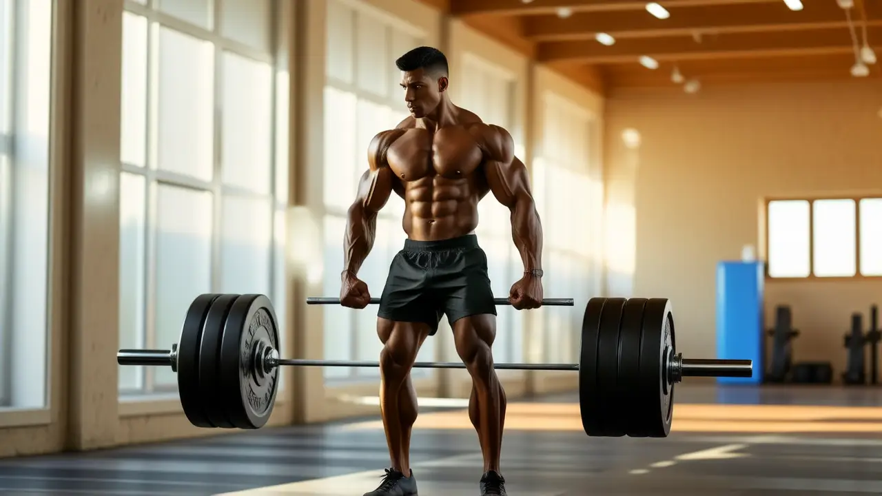 Un atleta español musculoso levanta pesas con intensidad