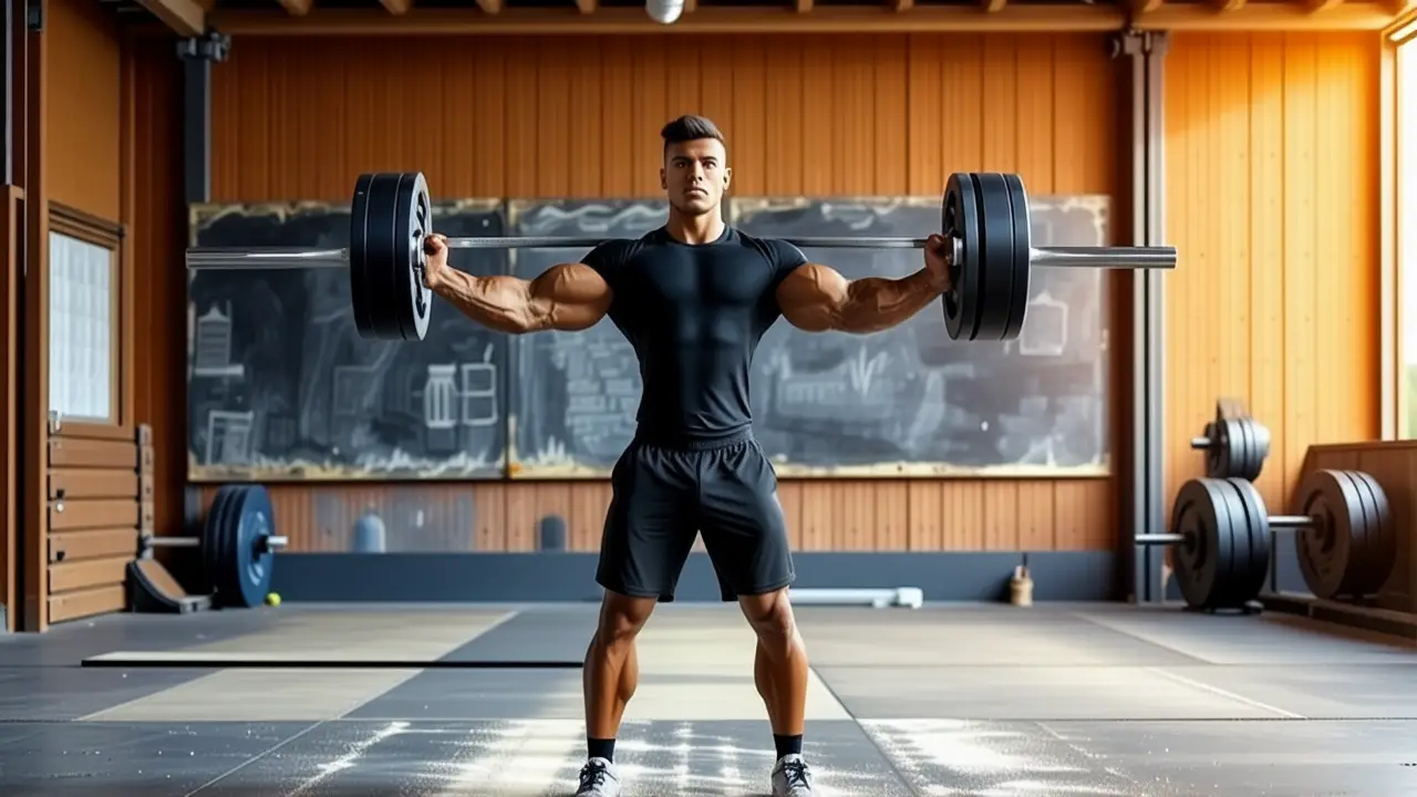 Atleta español musculoso levanta pesas con intensidad