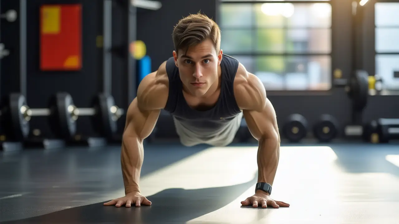 Un joven deportista demuestra flexiones en gimnasio
