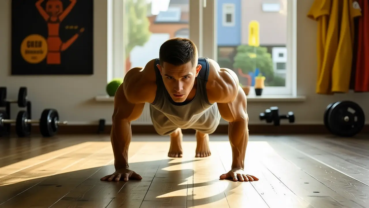 Un hombre atlético realiza flexiones en gimnasio moderno