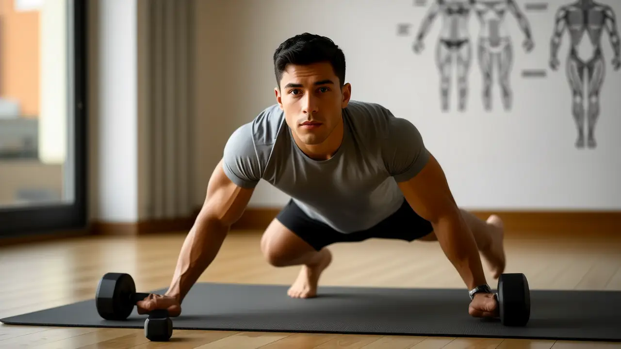 Un hombre atlético realiza un push-up en casa