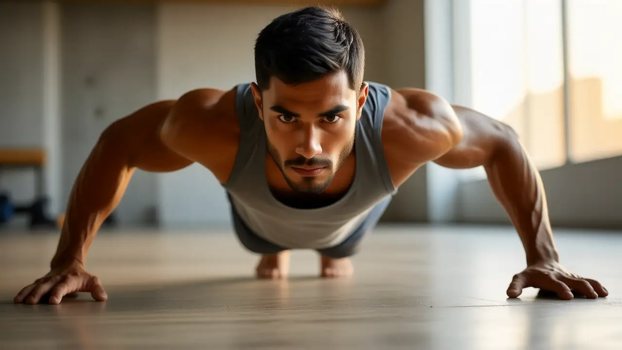 Un hombre atlético realiza flexiones en gimnasio iluminado