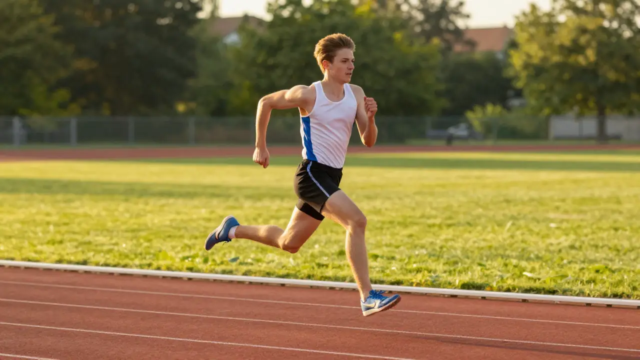 Un atleta corre velozmente al atardecer